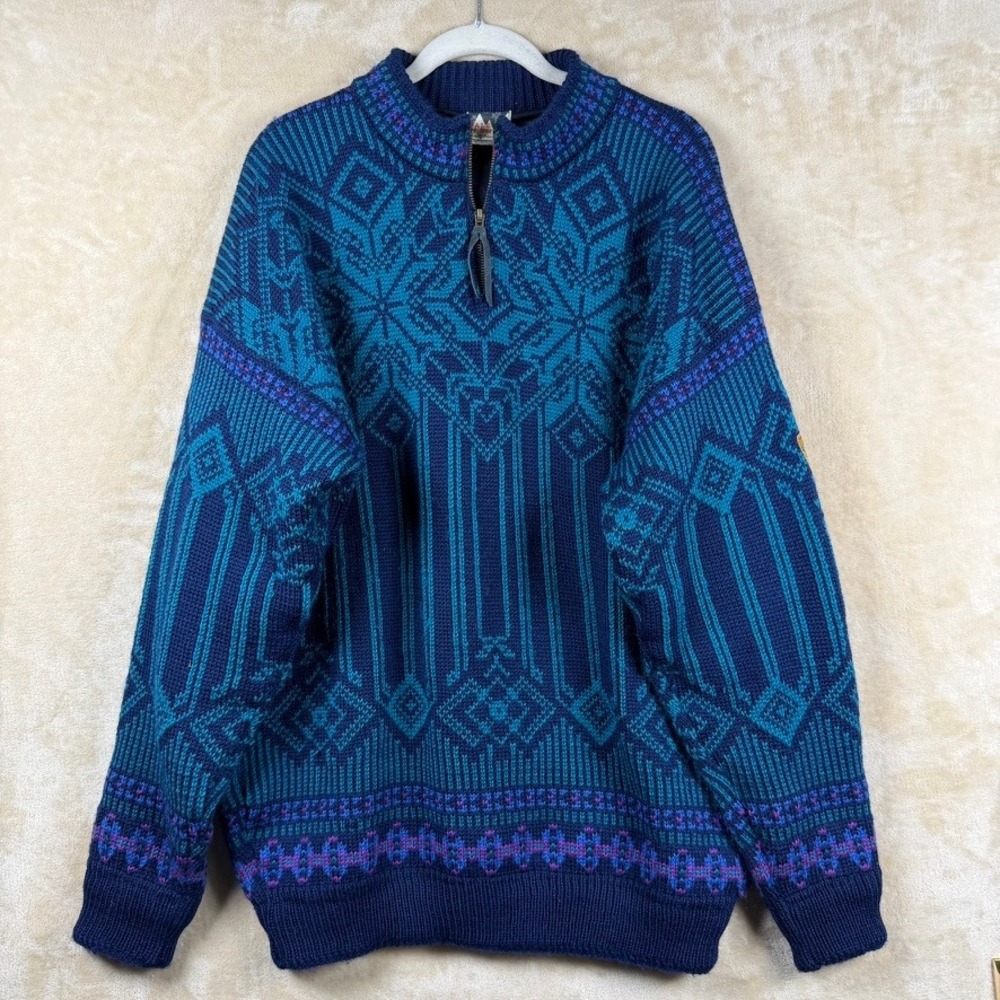 Vintage Dale of Norway Windstopper Wool 1/4 Sweater Mens XL Blue Teal Nordic